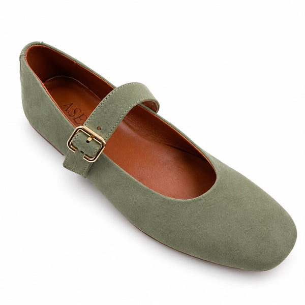 Mary : Ballerines Femme - Daim Vert Sauge