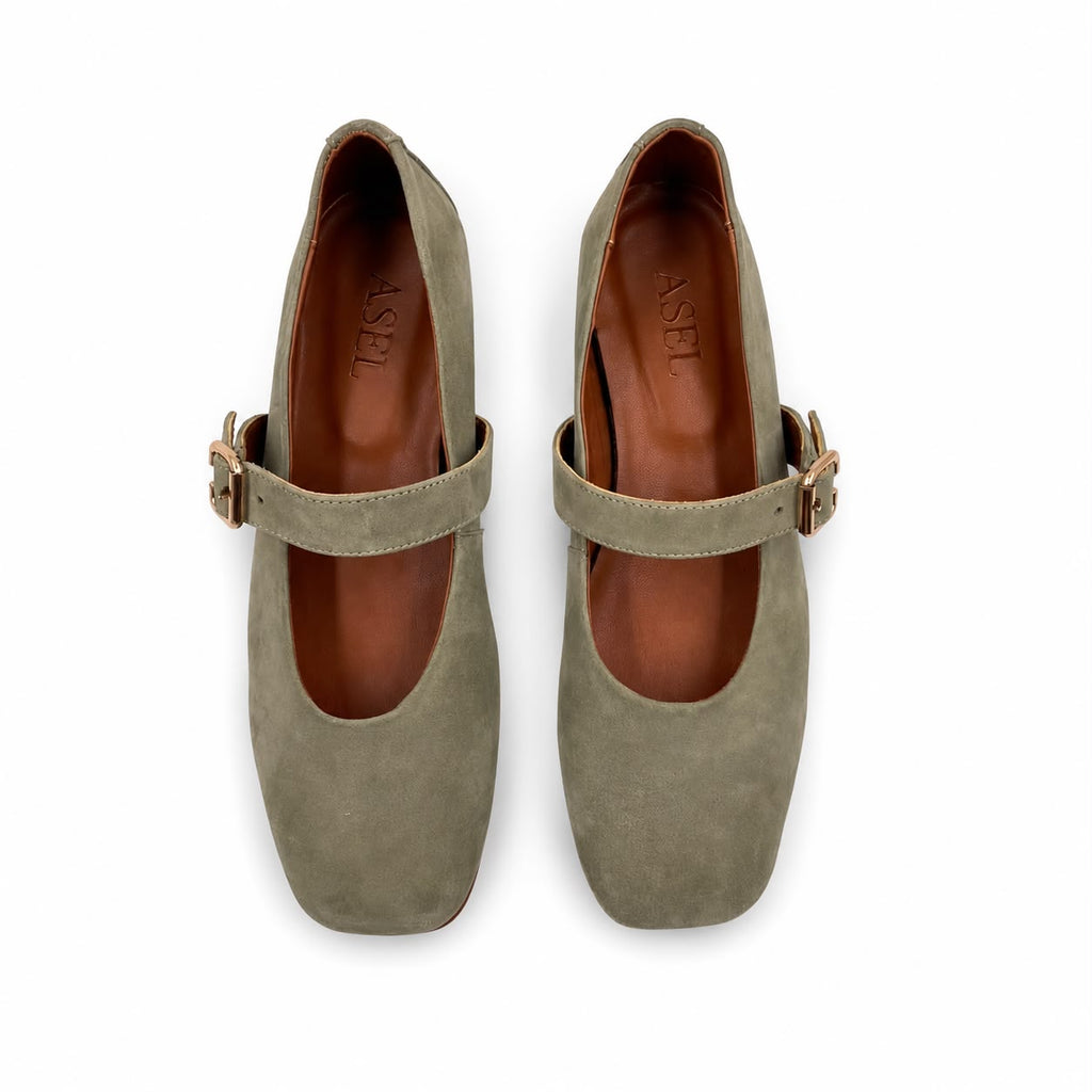 Mary : Ballerines Femme - Daim Vert Sauge